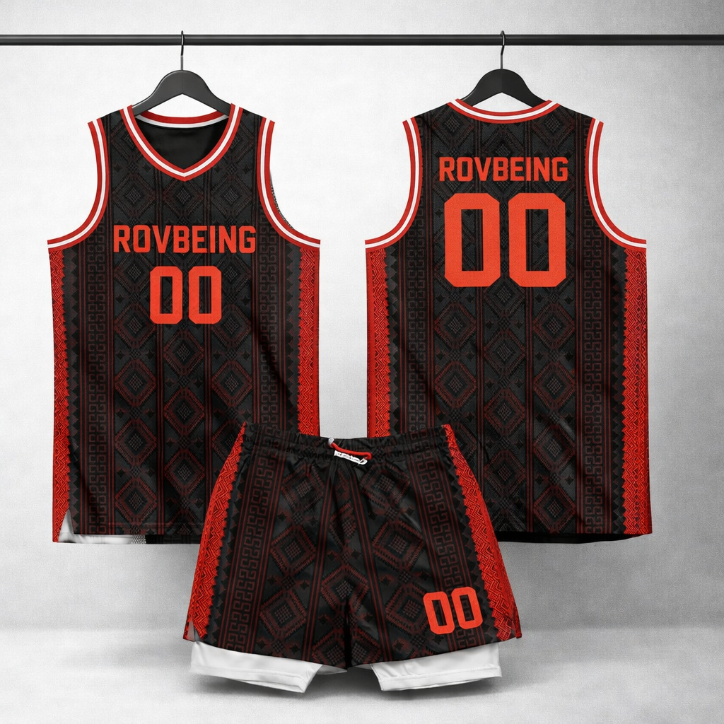 RovBeing Black & Red Heritage Basketball Kit – Custom Jersey & Shorts Set