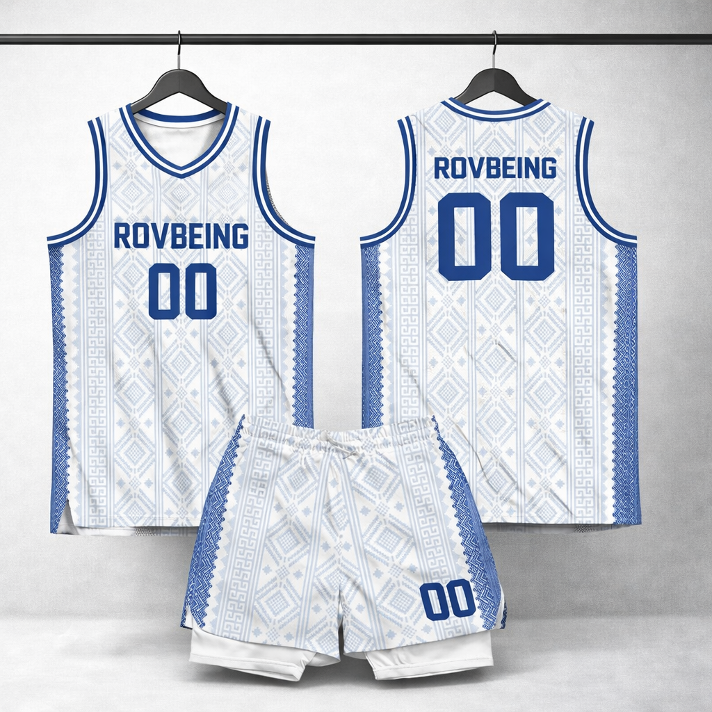 RovBeing White & Blue Heritage Basketball Kit – Custom Jersey & Shorts Set