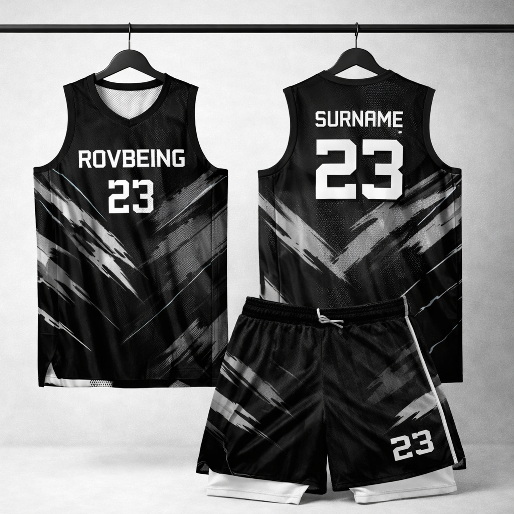 RovBeing Black & Grey Strike Basketball Kit – Custom Jersey & Shorts Set