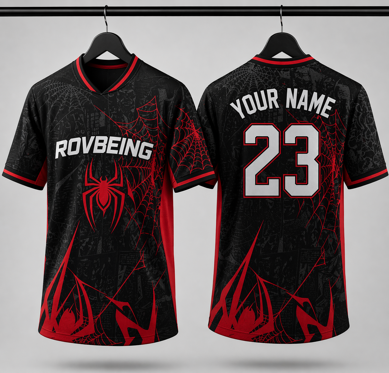 RovBeing Black & Red Web Design Soccer Jersey Spider-Man Jersey – Custom Street Style Football Kit